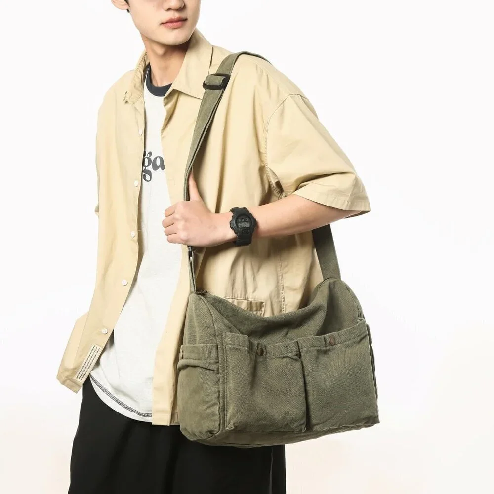 Large Canvas Hobo Bag Unisex Crossbody Tote Multi-Pocket Durable Stylish